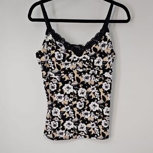 WHBM Black Cream Tan Floral Camisole Lace Trim Rusched Empire Bust Y2K Dainty